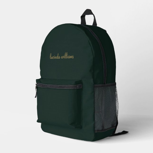 Modern Charcoal Green & Gold Script Monogram Printed Backpack (Back Corner Right)