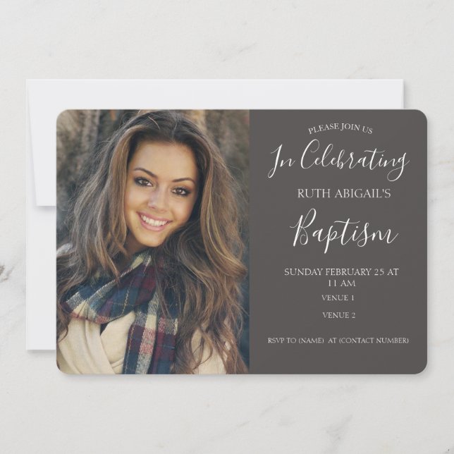 Modern Charcoal Grey Adult Baptism Photo Invitation (Front)