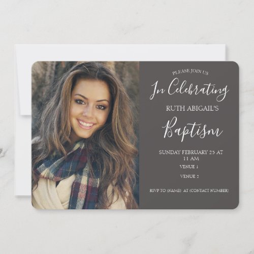 Modern Charcoal Grey Adult Baptism Photo Invitation