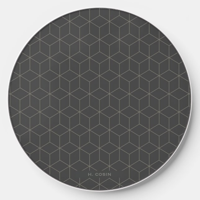 Modern Charcoal Grey Geometric Cube Pattern Wireless Charger (Front)