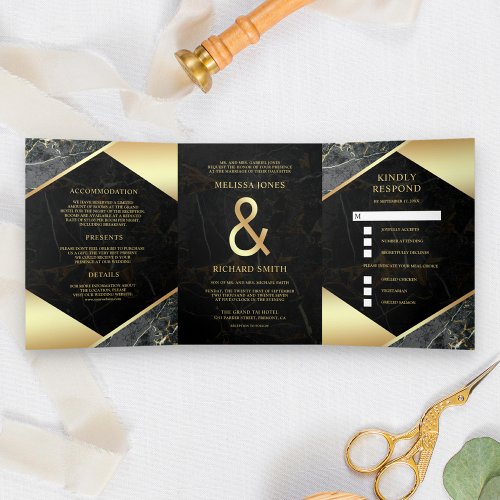 Modern Charcoal Grey Gold Marble Ampersand Wedding Tri_Fold Invitation