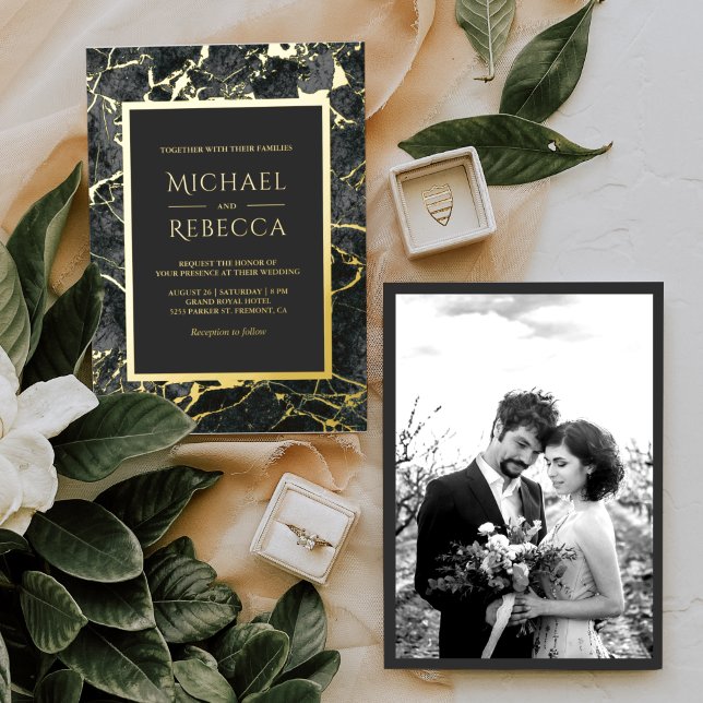 Modern Charcoal Grey Marble Photo Wedding Gold Foil Invitation (Creator Uploaded)