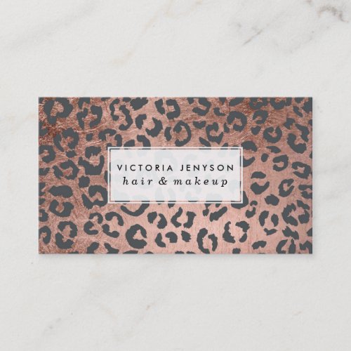 Modern charcoal grey rose gold leopard makeup business card