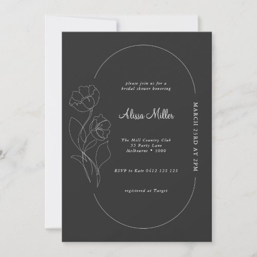 Modern Charcoal Minimalist Floral Bridal Shower Invitation