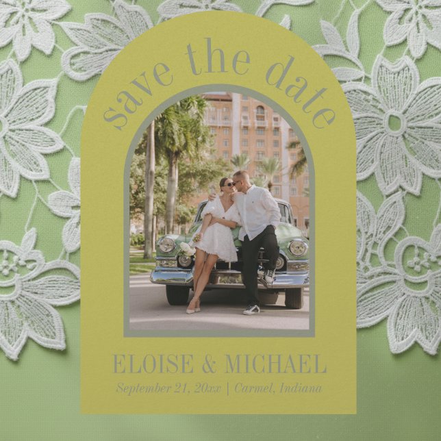 Modern Chartreuse Citrus Wedding Arch Photo Save The Date (Invite guests to save the date for your big day with this Modern Script Wedding Arch Card!)