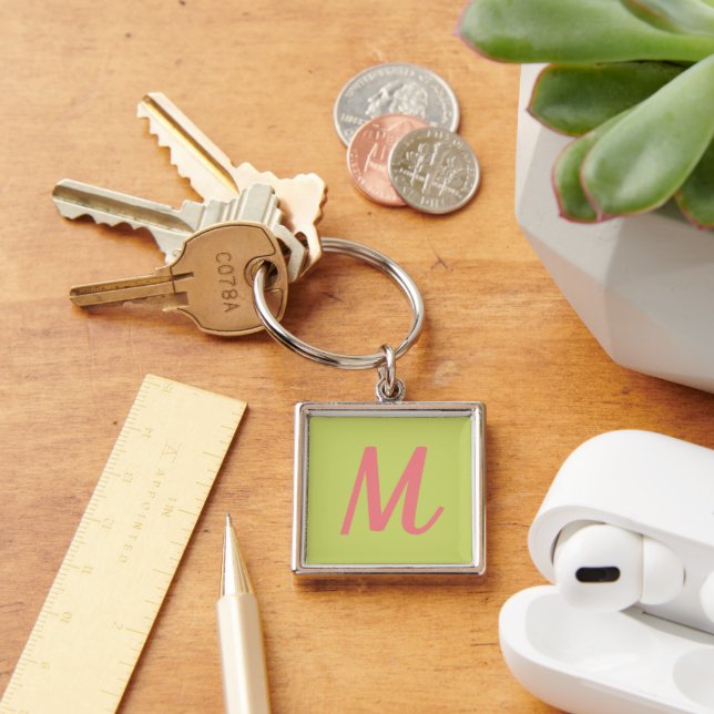 Modern Chartreuse Green and Coral Pink Monogram Keychain (Desk)