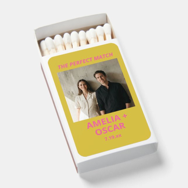 Modern Chartreuse Pink Wedding Photo Favor Matchboxes (Front Open)