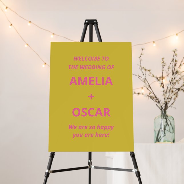 Modern Chartreuse Pink Yellow Wedding Welcome Sign (In Situ (Stand))