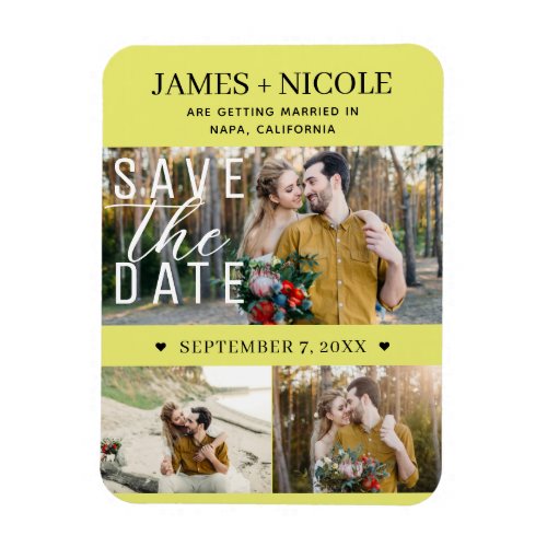 Modern Chartreuse Save the Date Wedding 3 Photos Magnet