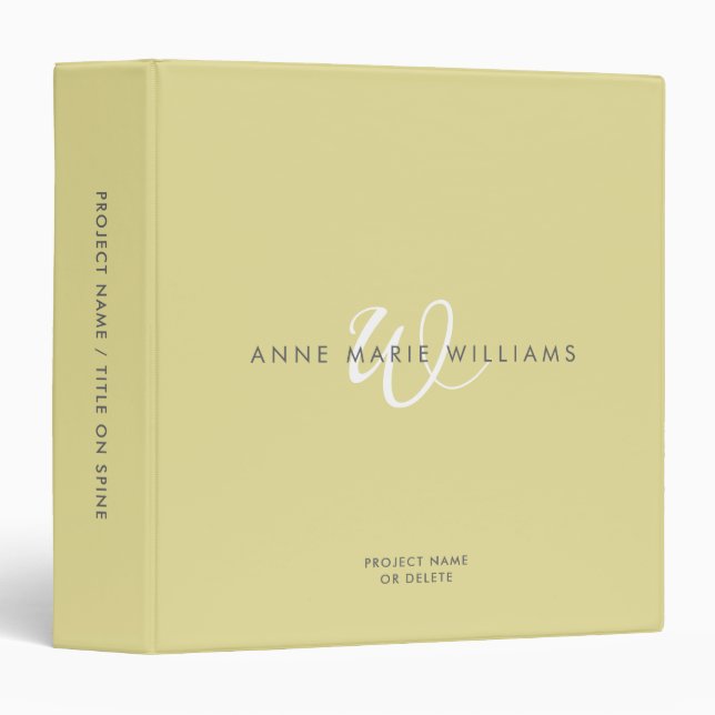 Modern Chartreuse White Script Monogram 3 Ring Binder (Front/Spine)