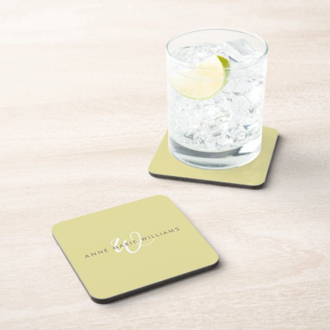 Modern Chartreuse White Script Monogram Beverage Coaster (Right Side)