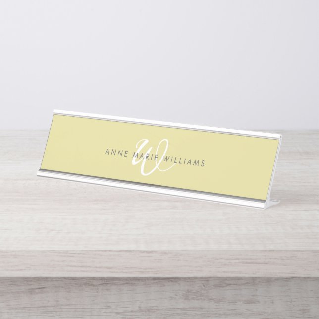 Modern Chartreuse White Script Monogram Desk Name Plate (Front)