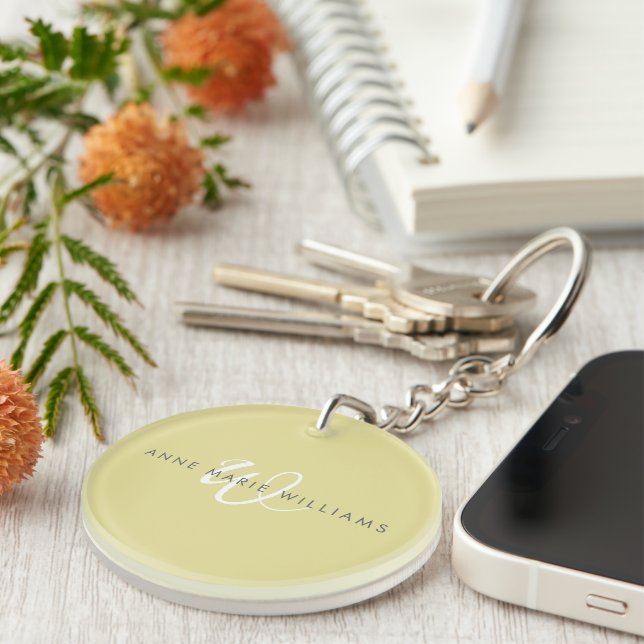 Modern Chartreuse White Script Monogram Keychain (Front Right)