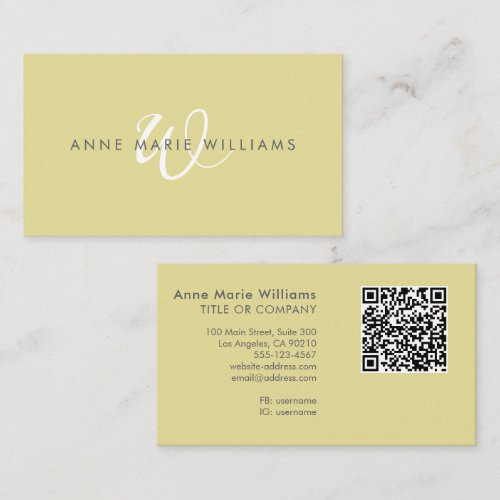 Modern Chartreuse White Script Monogram QR Code Business Card