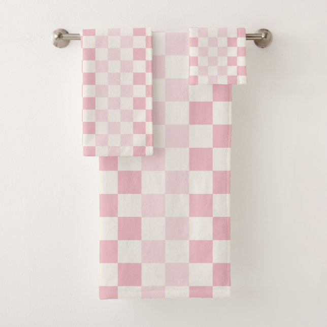 Modern Check Blush Pink Checkerboard Pattern  Bath Towel Set (Insitu)