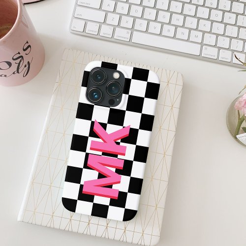 Modern Checkboard Shadow Monogram Initial Pink iPhone 13 Pro Case