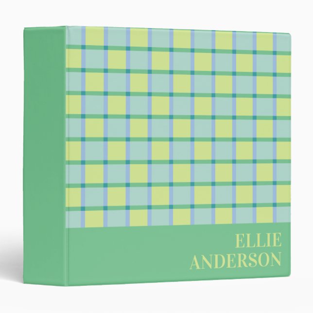 Modern Checker Blue Green Lime Custom Name 3 Ring Binder (Front/Spine)