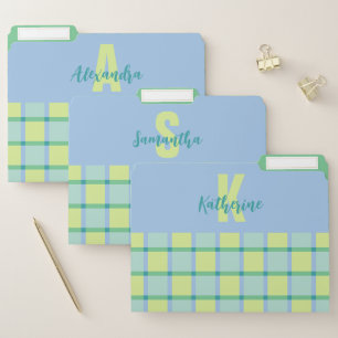 Modern Checker Blue Green Monogram File Folder