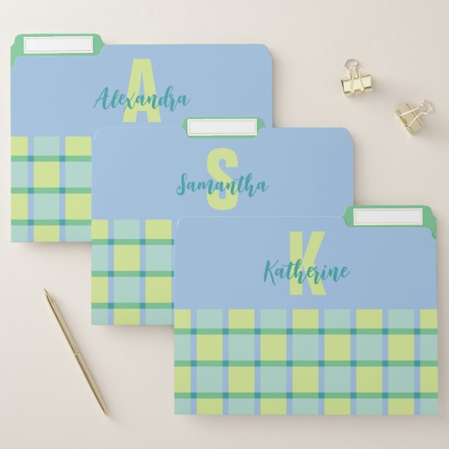 Modern Checker Blue Green Monogram File Folder (Set)