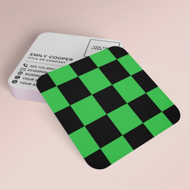Modern Checker Checkerboard Add Logo Black Green Square Business Card (Creator Uploaded)