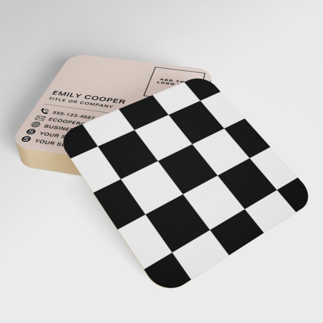 Modern Checker Checkerboard Add Logo Black White Square Business Card (Creator Uploaded)