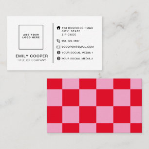 Modern Checker Checkerboard Add Logo Pink Red Business Card