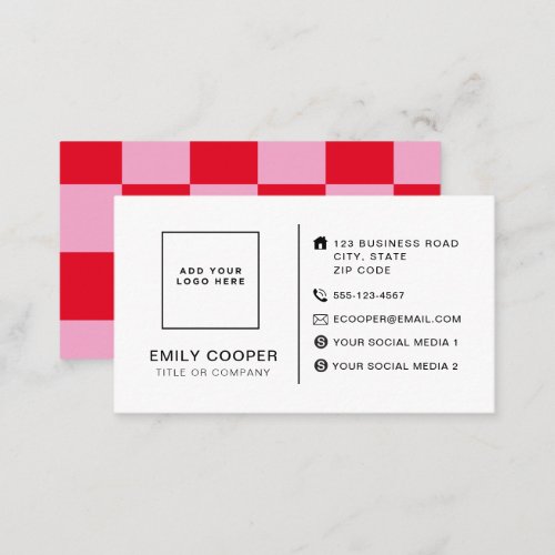 Modern Checker Checkerboard Add Logo Pink Red Business Card