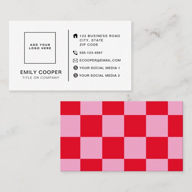 Modern Checker Checkerboard Add Logo Pink Red Business Card (Front/Back)