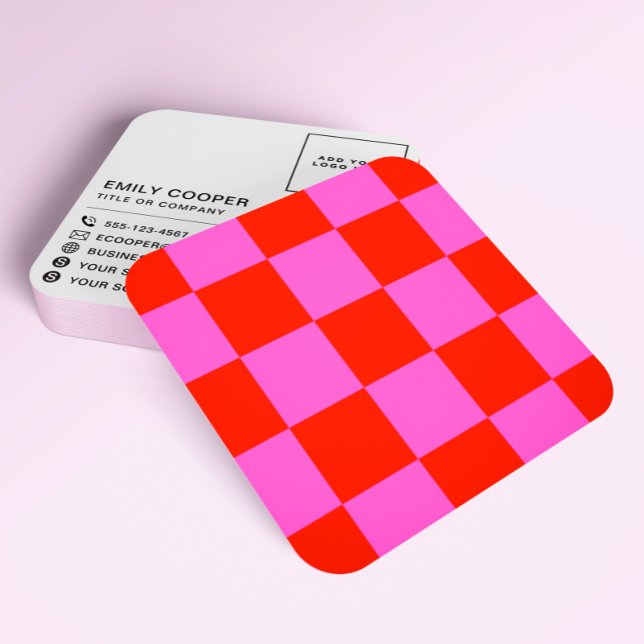 Modern Checker Checkerboard Add Logo Red and Pink Square Business Card (Creator Uploaded)
