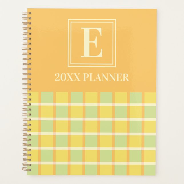 Modern Checker Green Yellow Orange Custom Monogram Planner (Front)