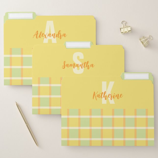 Modern Checker Green Yellow Orange Monogram File Folder (Set)