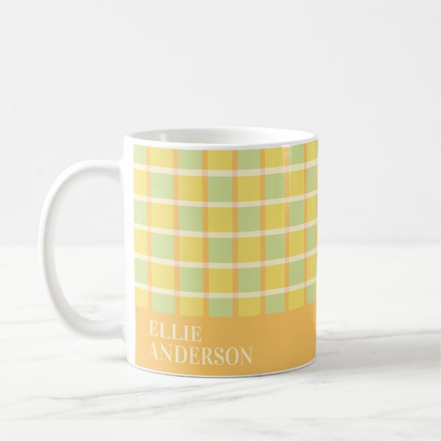 Modern Checker Green Yellow Orange Personalized Coffee Mug (Left)