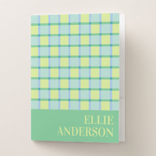 Modern Checker Pastel Blue Green Lime Add Name Pocket Folder