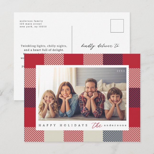 Modern Checker Pattern Christmas Family Photo Postcard (Front/Back)