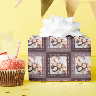 Modern Checker Pattern Happy Birthday Family Photo Wrapping Paper