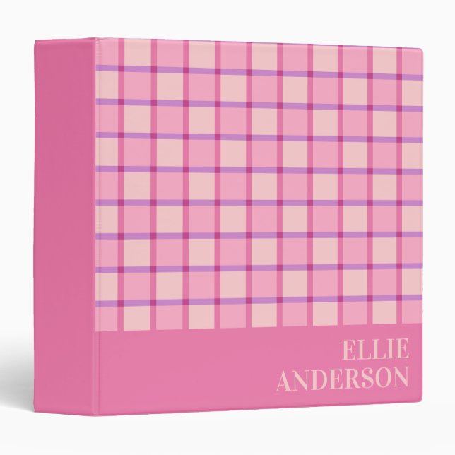 Modern Checker Pink Purple Custom Name 3 Ring Binder (Front/Spine)