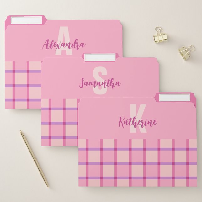 Modern Checker Pink Purple Monogram File Folder (Set)