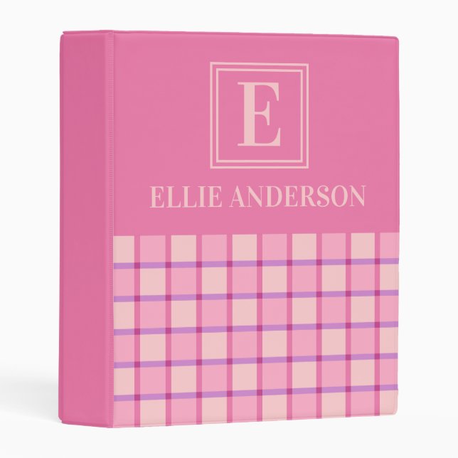 Modern Checker Pink Purple Monogram Name Mini Binder (Front/Spine)