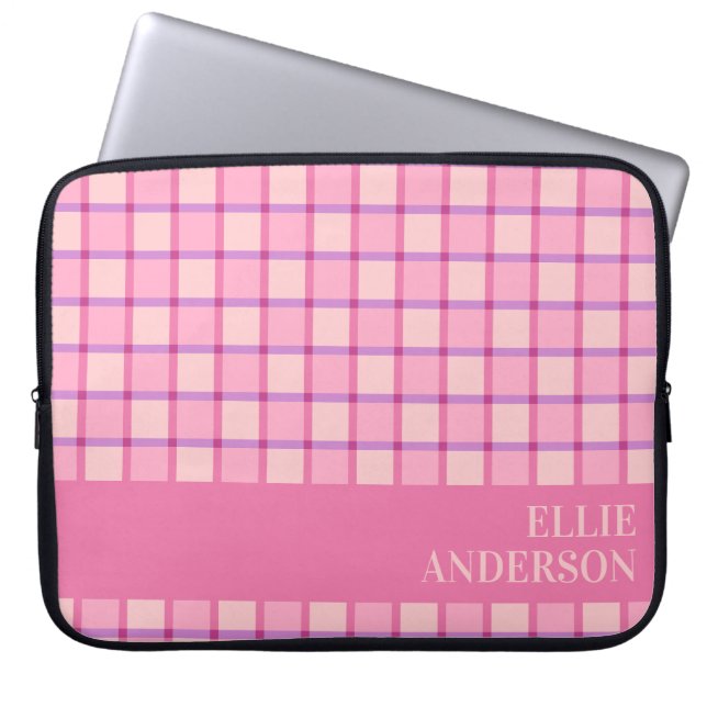 Modern Checker Pink Purple Personalized Laptop Sleeve (Front)