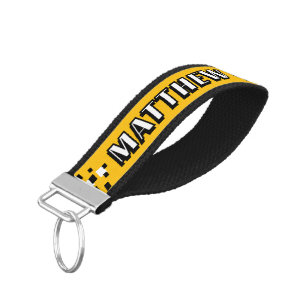 Modern Checker Race Car Driver Name Motorsport Wrist Keychain