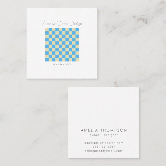 Modern Checkerboard Blue Simple Stylish Custom Square Business Card (Front/Back)