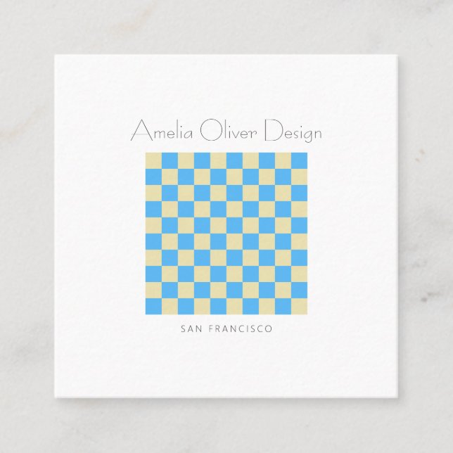 Modern Checkerboard Blue Simple Stylish Custom Square Business Card (Front)