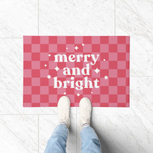 Modern Checkerboard Merry and Bright Christmas Doormat