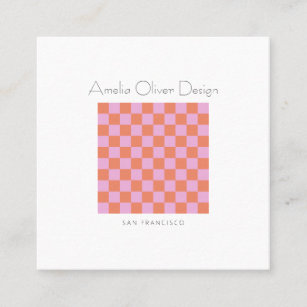 Modern Checkerboard Pink Orange Simple Custom Square Business Card