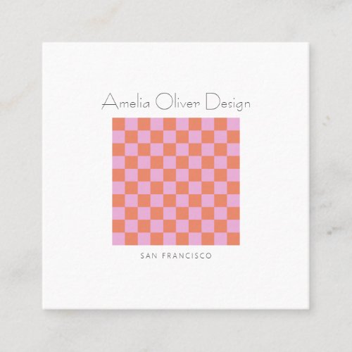 Modern Checkerboard Pink Orange Simple Custom Square Business Card