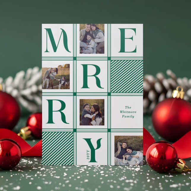 Modern Checkerboard Plaid Photos Merry Christmas Letterpress Photo Cards (Modern Checkerboard Plaid Photos Merry Christmas Letterpress Photo Cards)