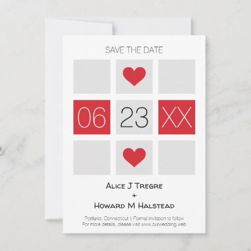 Modern Checkerboard Wedding Date Names in Red Save The Date