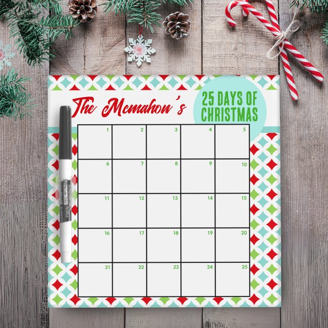Modern Checkered 25 Days of Christmas Activity Dry Erase Board (25 Days of Christmas Activity White Board. Lovely Diamond Checkered Pattern. Other Designs Available)