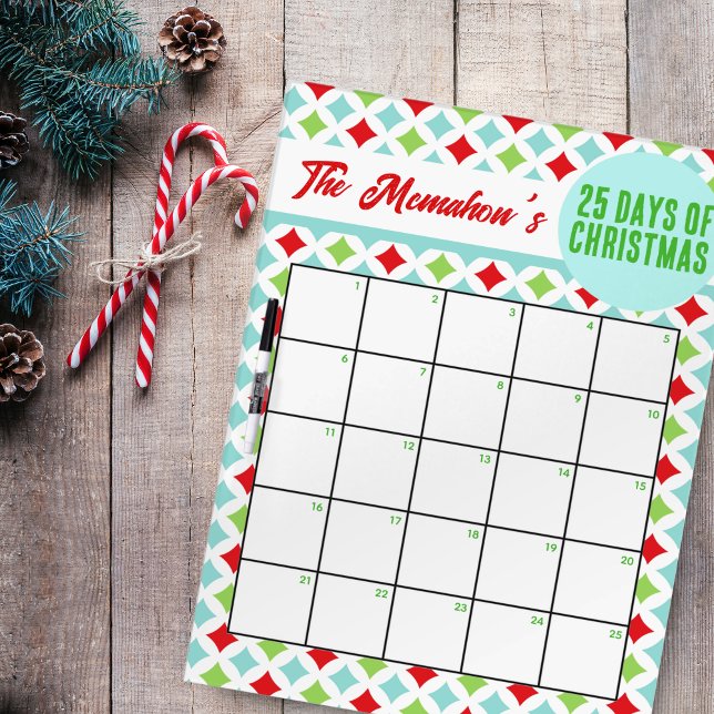 Modern Checkered 25 Days of Christmas Activity Dry Erase Board (25 Days of Christmas Activity White Board. Lovely Diamond Checkered Pattern. Other Designs Available)