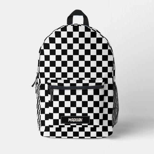 Modern Checkered Black  White Pattern Custom Name Printed Backpack